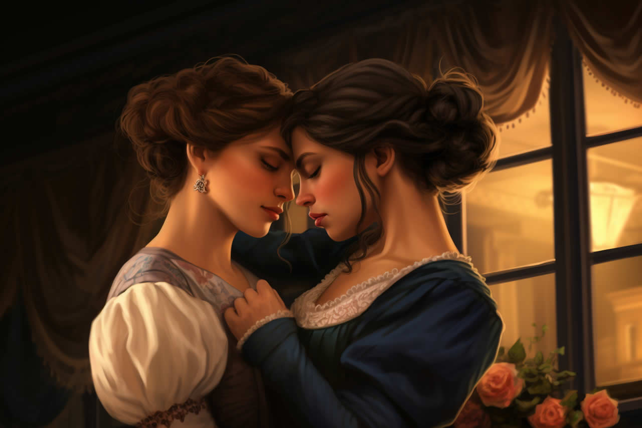 Two lesbian women in 18th century clothing stand close together