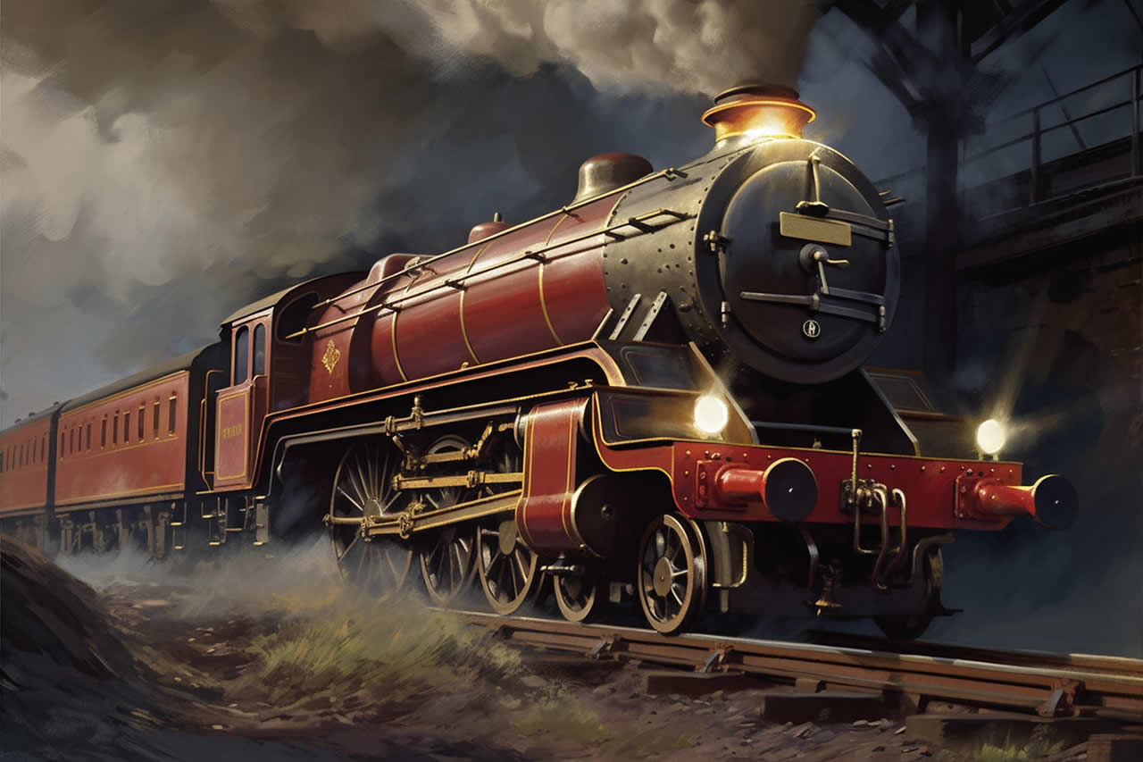 The Hogwart's Express steam train, traveling at night