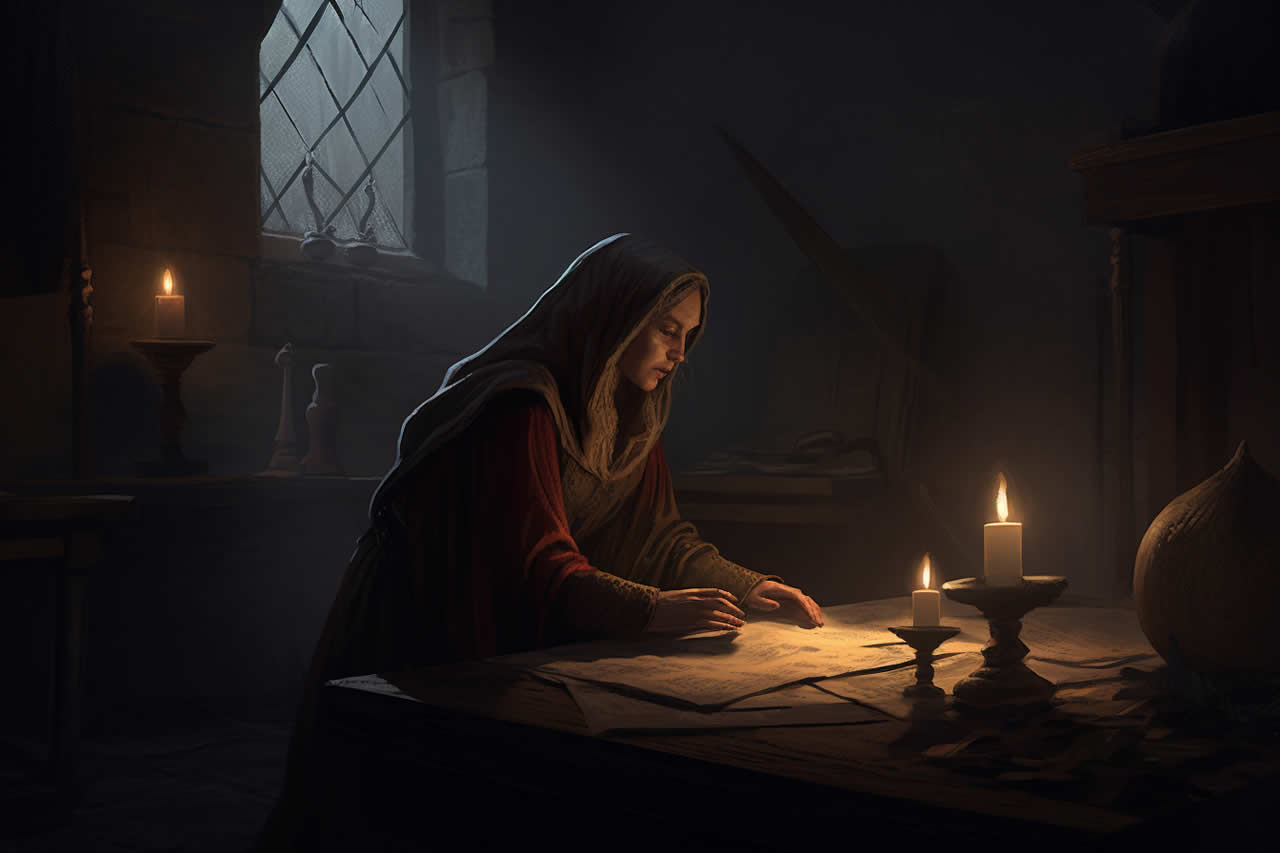 Woman examining papers by candlelight inside a medieval room