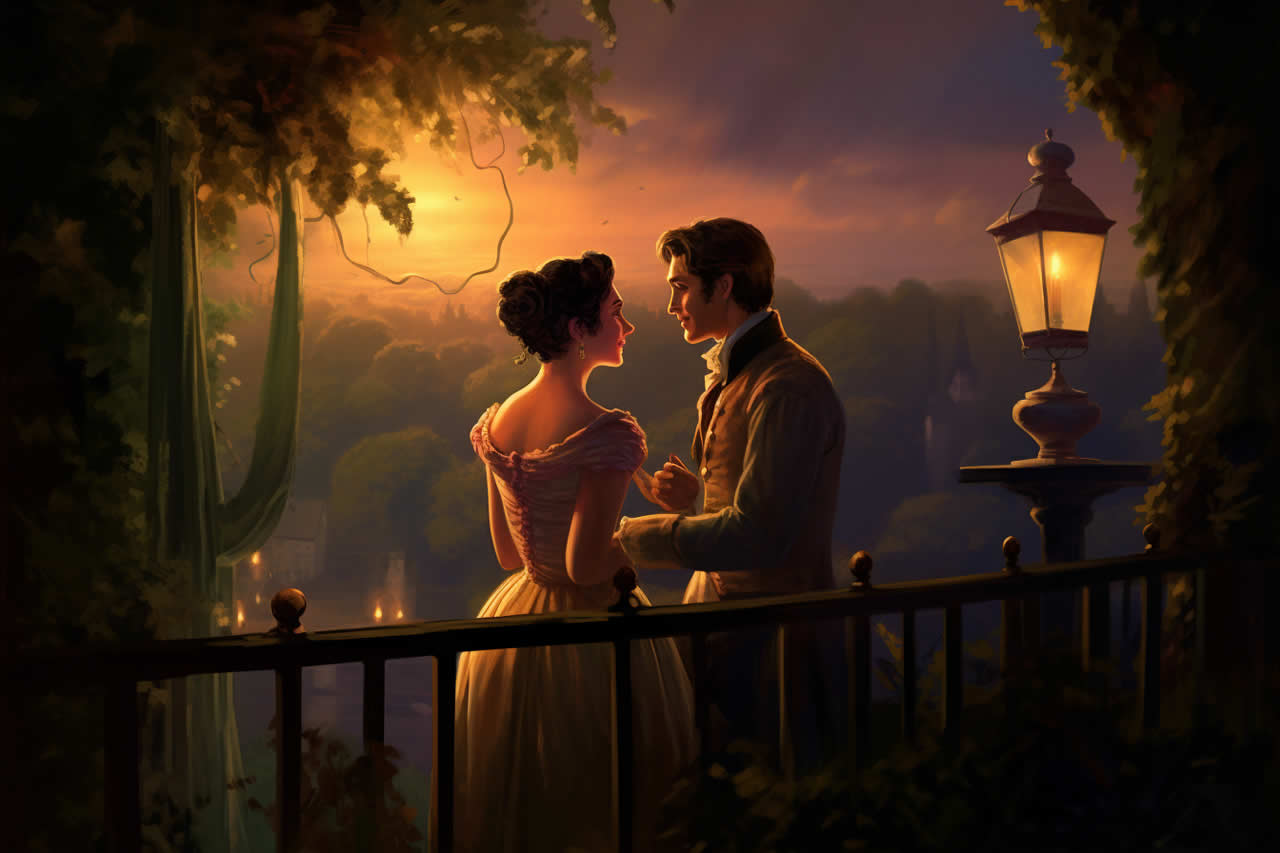 An illustration of a couple in Regency dress