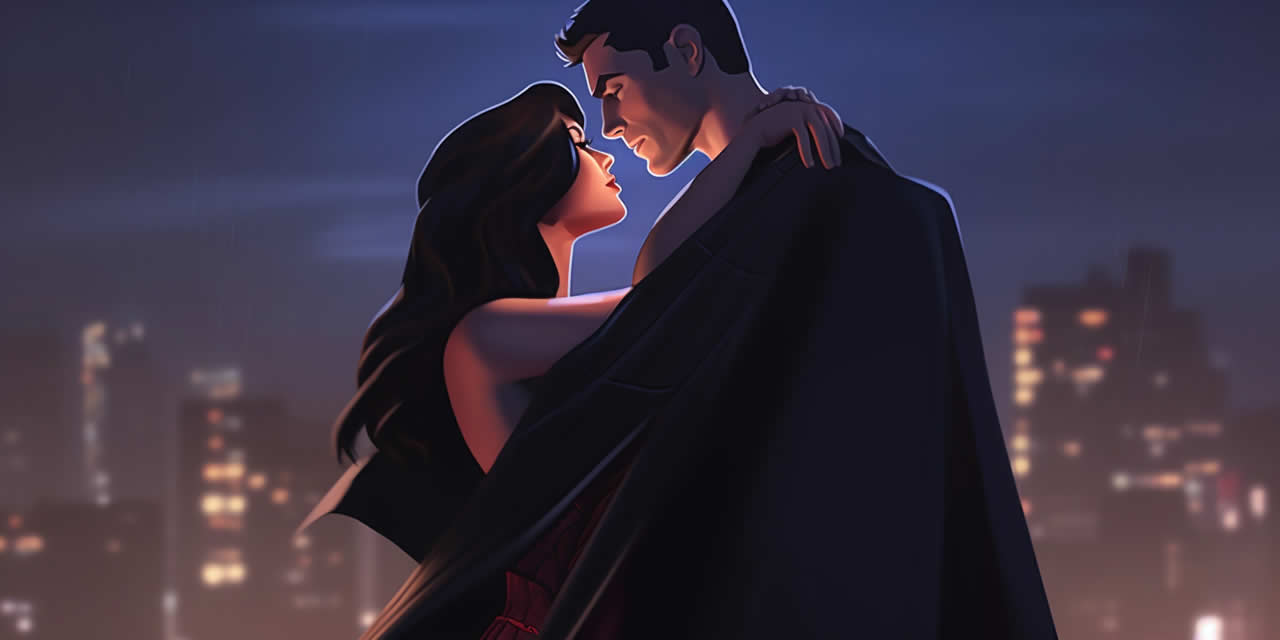 A superhero and heroine embrace