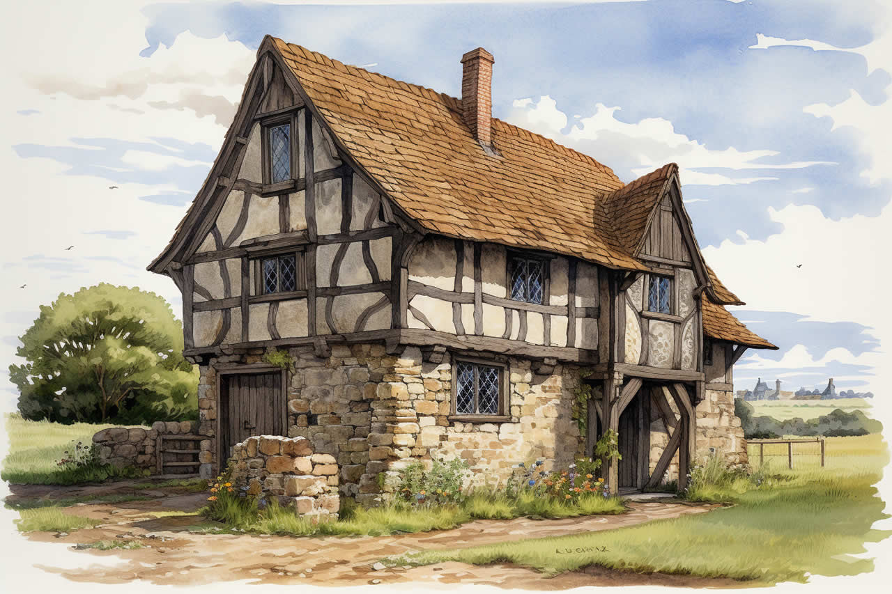 An illustration of a medieval stone and oak house