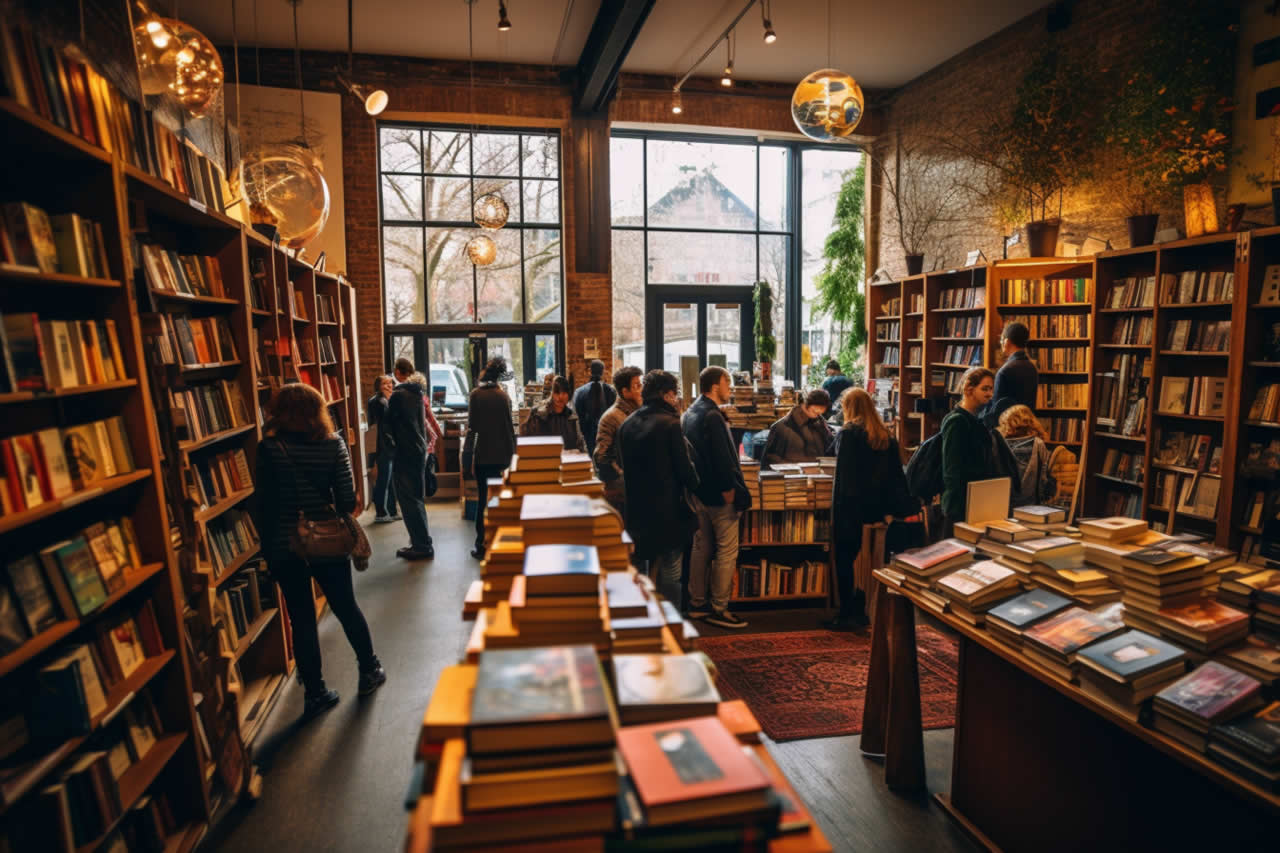 A busy book store with many customers browsing
