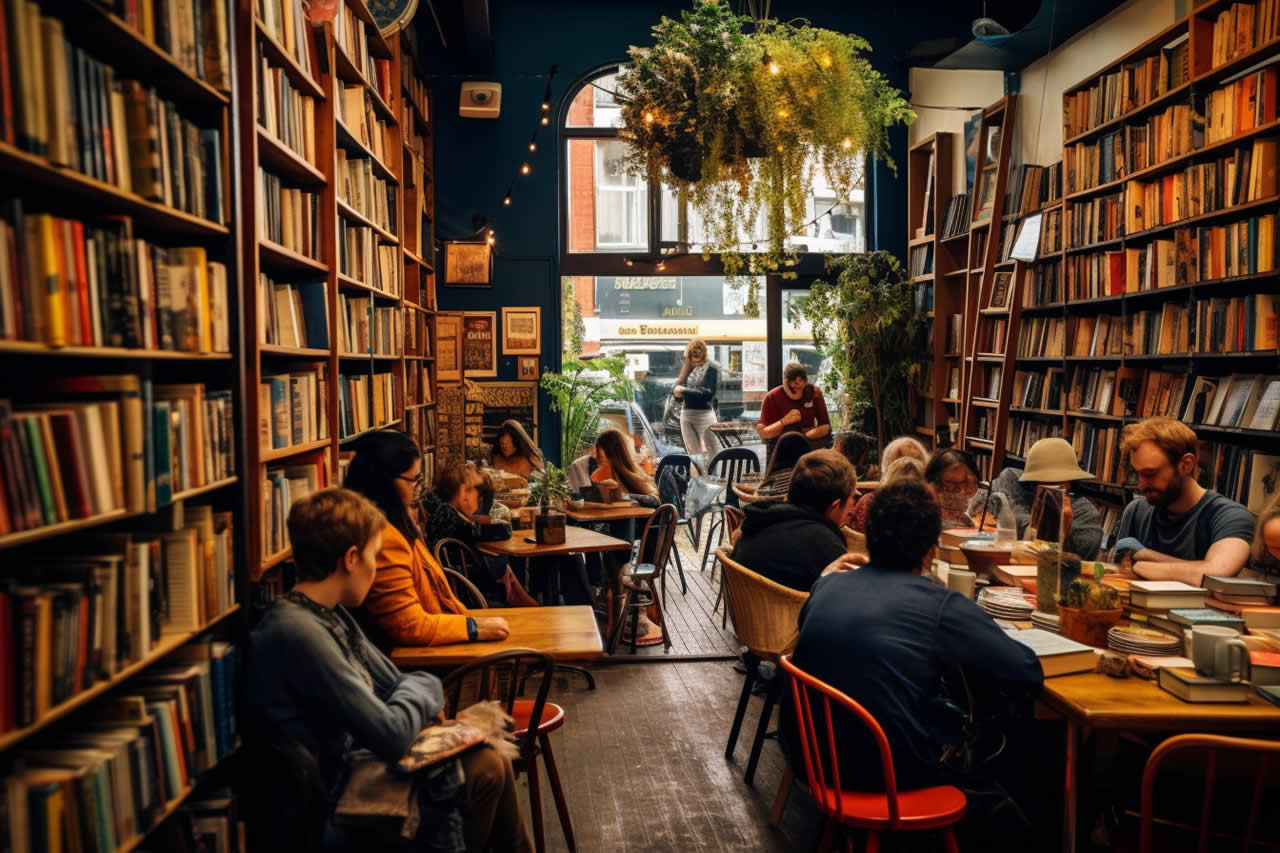 A book cafe with lots of customers