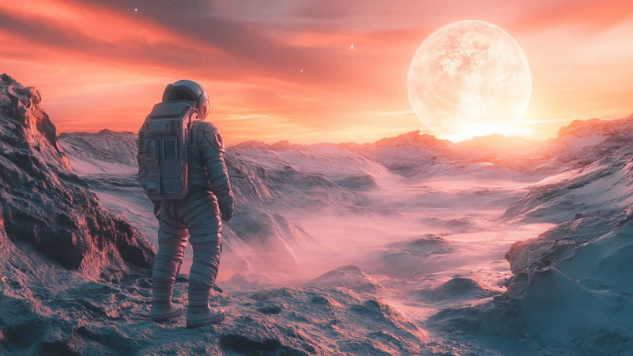 An astronaut looks out across a barren lunar landscape