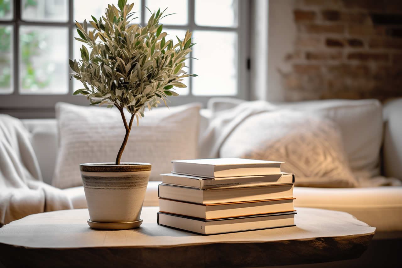 Some books sit on a coffee table next to an plant in a pleasant modern living room
