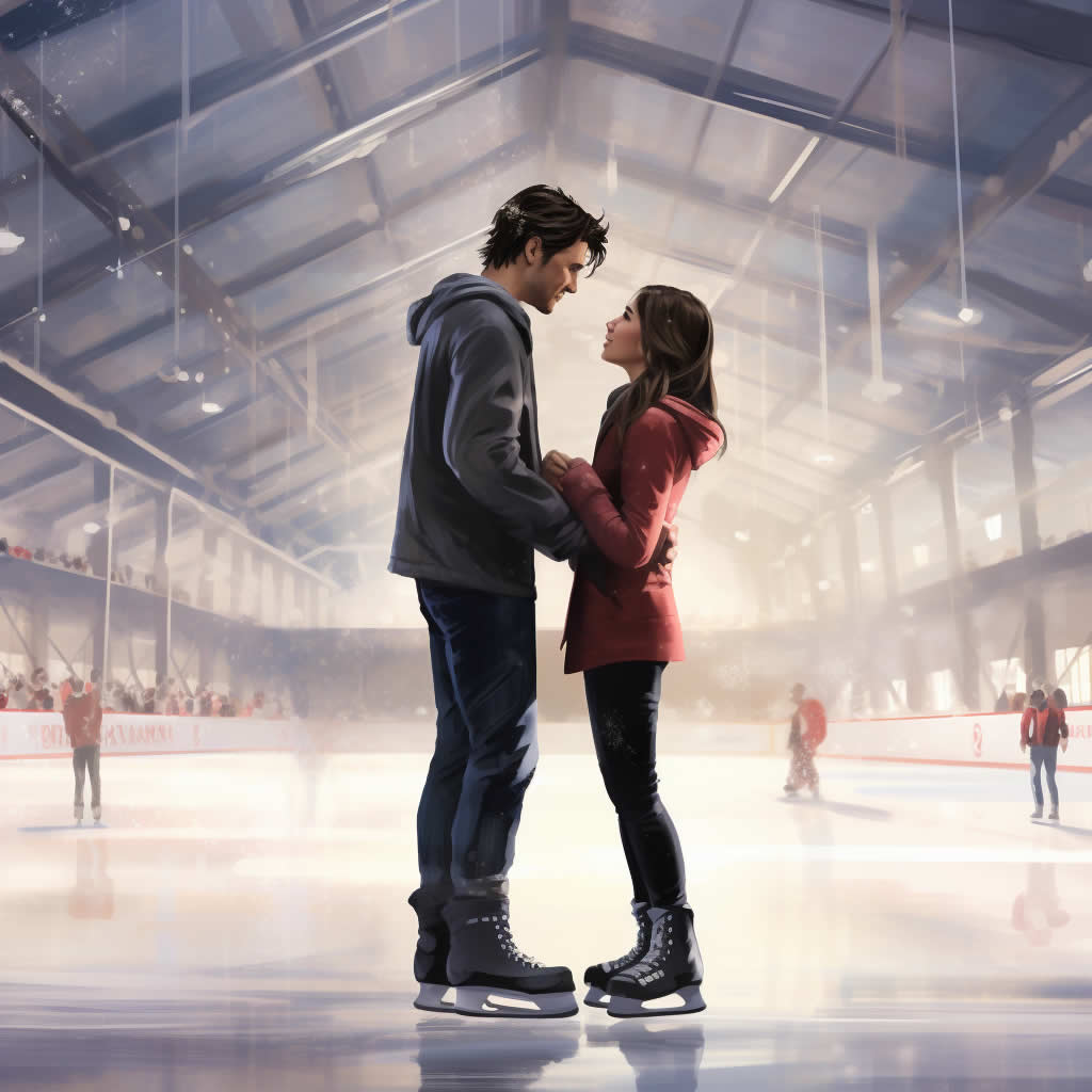 A cute couple looking into each other's eyes on an ice skating rink