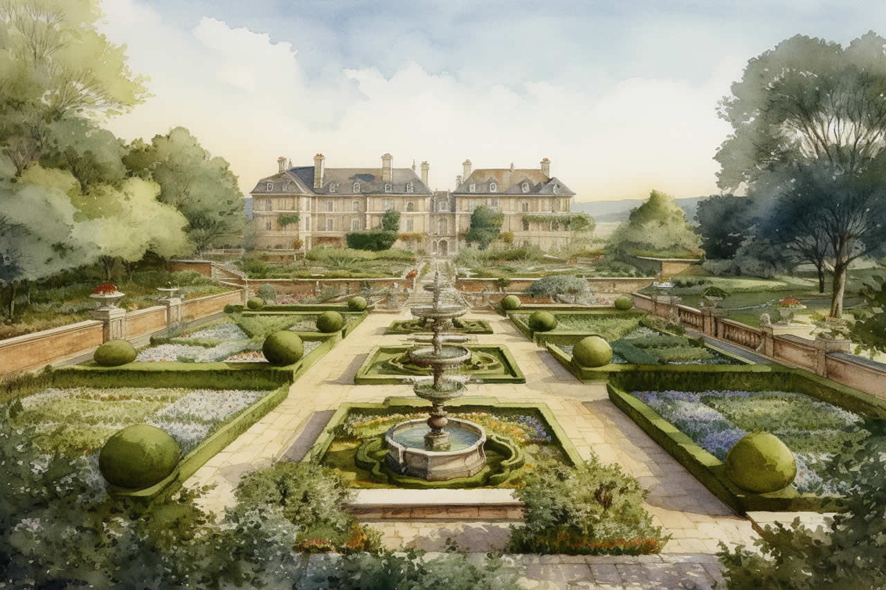 A beautiful formal garden with a grand mansion in the distance