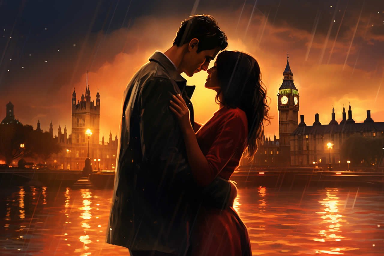 A couple about to kiss with London's Big Ben in the background