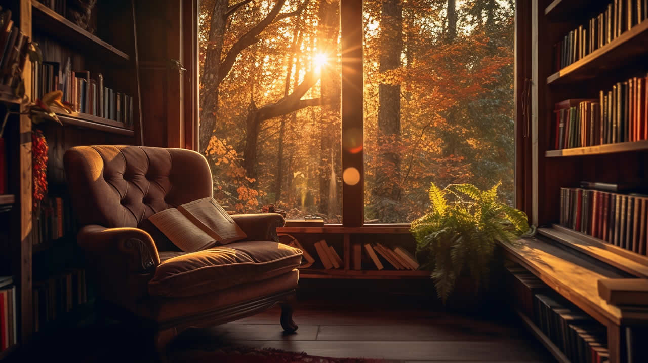 A comfortable armchair in a beautiful reading nook surrounded by books on shelves. There are trees visible through the window.