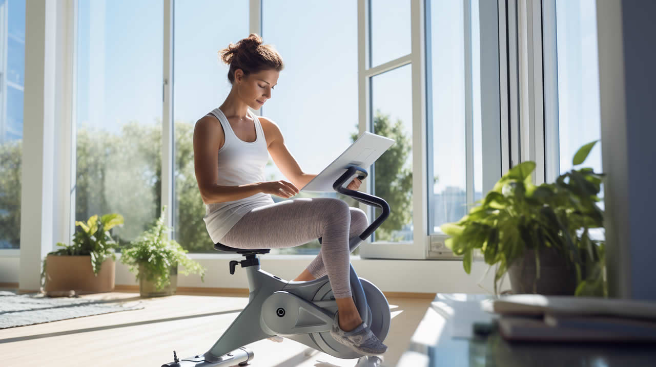 A woman reading on an exercise bike in a sunlit room