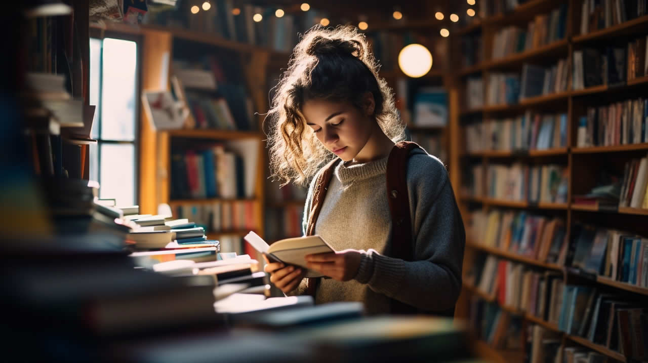 A young woman reading while standing in a library filled with books