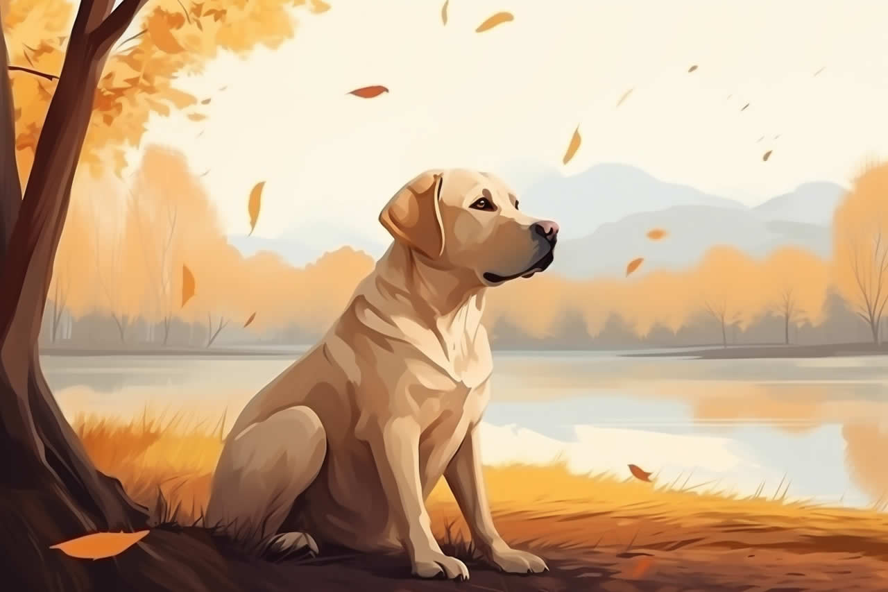 An illustration of a sitting Labrador at the park in autumn