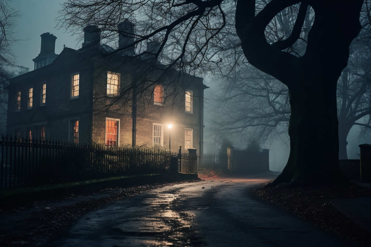 A Georgian mansion in the mist at night