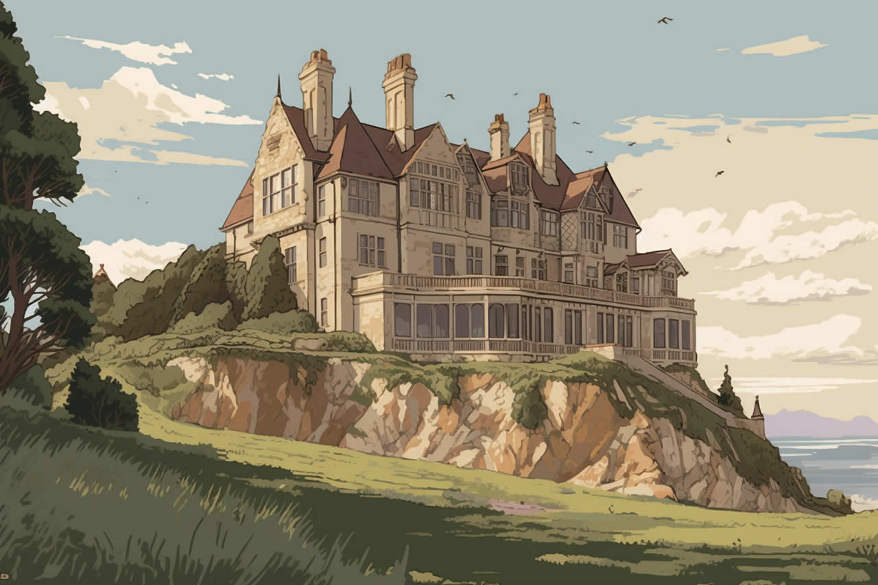 An English country manor house perched on a cliff overlooking the sea