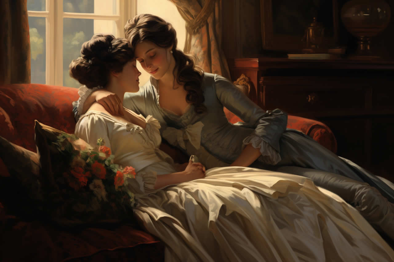 Two regency ladies embrace on a couch in a formal drawing room