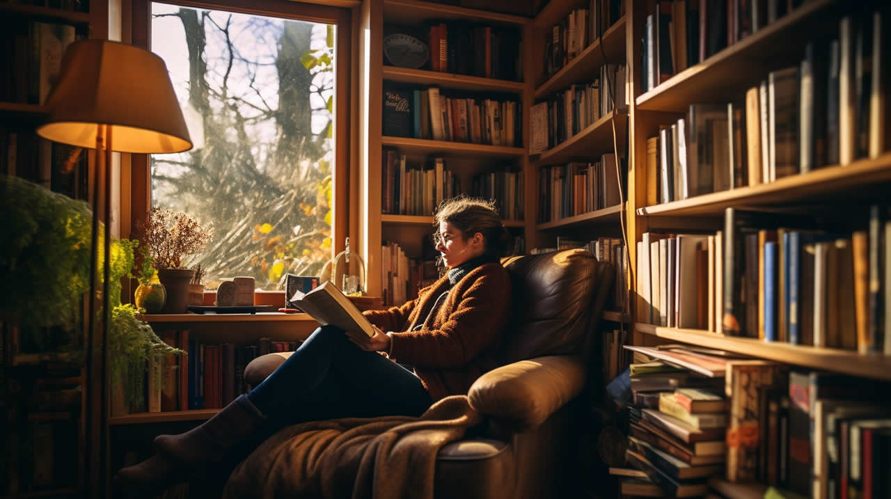 A woman surrounded by books, sitting in a cozy chair by a window.