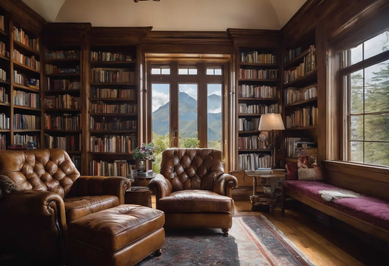 A beautiful reading nook with a large leather chair, surrounded by books