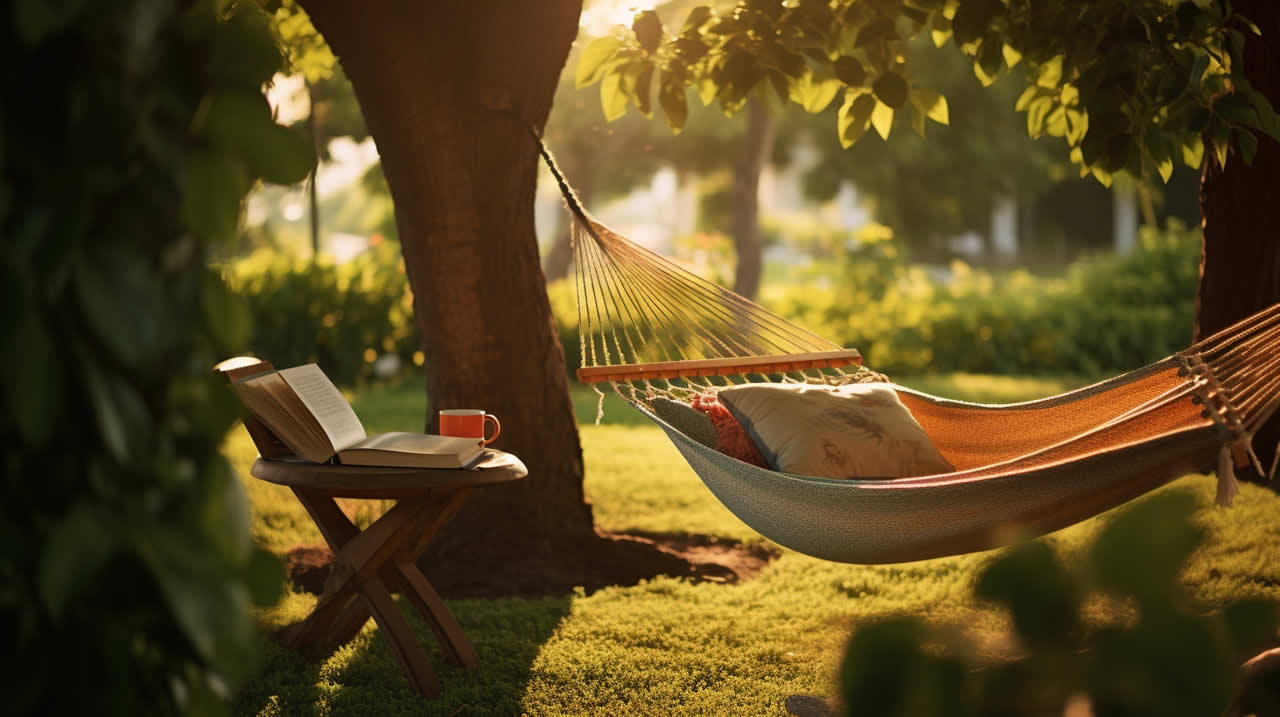 A hammock in a beautiful garden setting, with a book on a side table