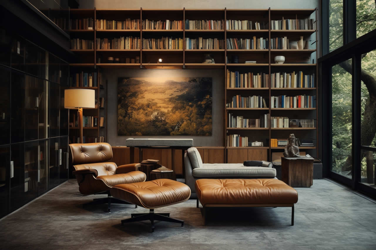 A beautiful study room filled with books. A garden is visible outside.