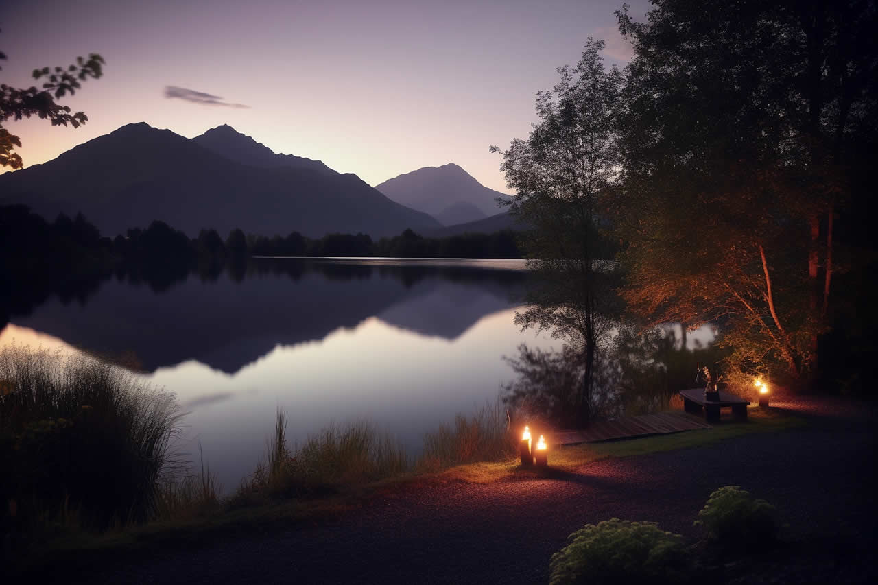 A beautiful scene beside a lake with romantic lighting, and mountains in the distance