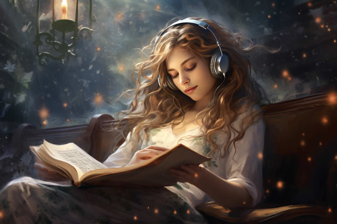 An illustration of a woman reading while wearing headphones