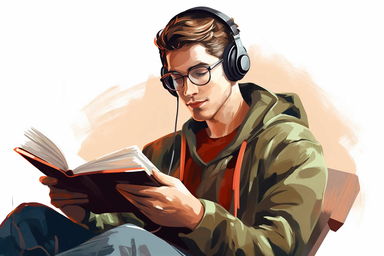 An illustration of a man reading while wearing headphones