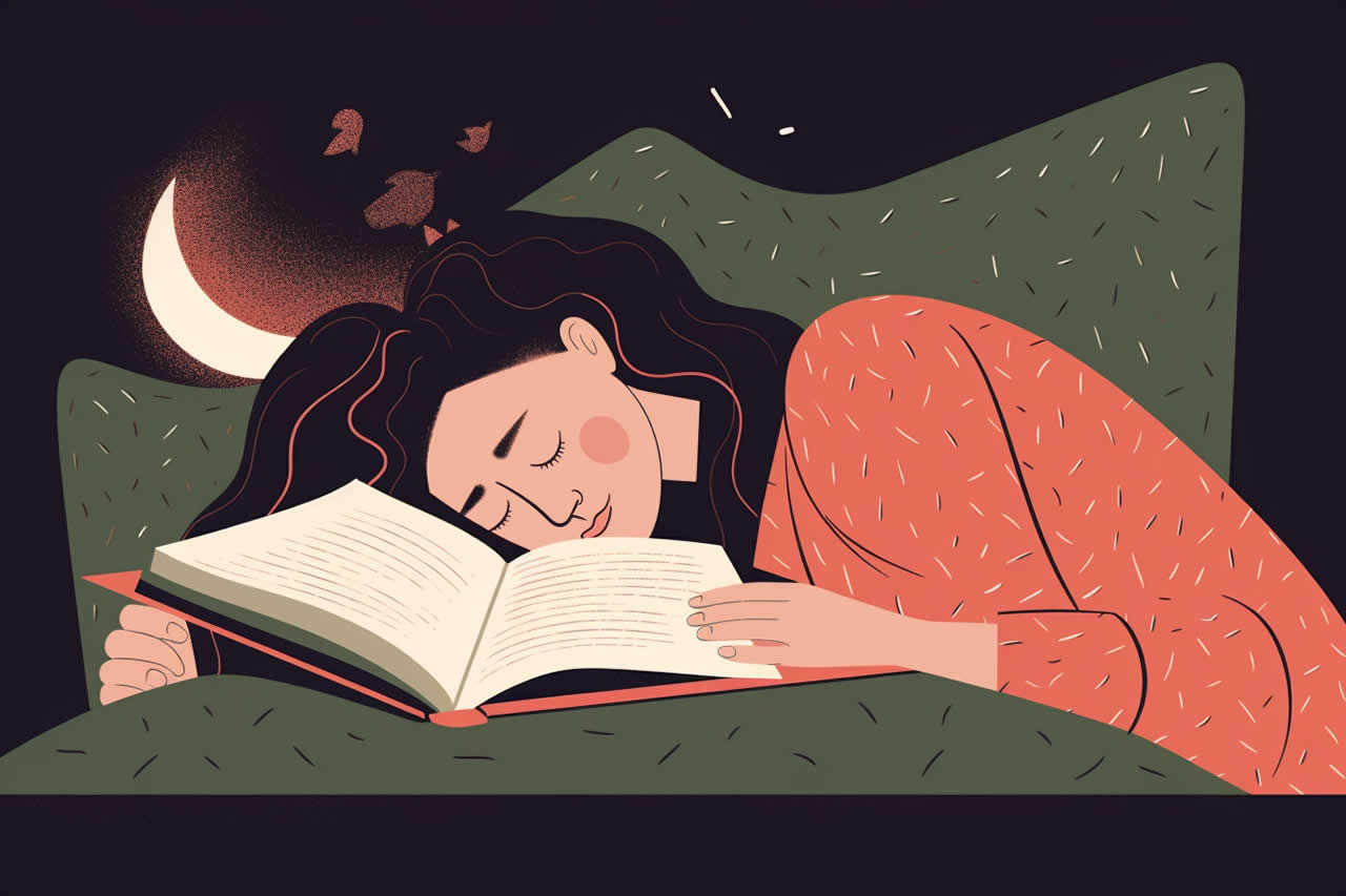 An abstract illustration of a woman asleep next to an open book