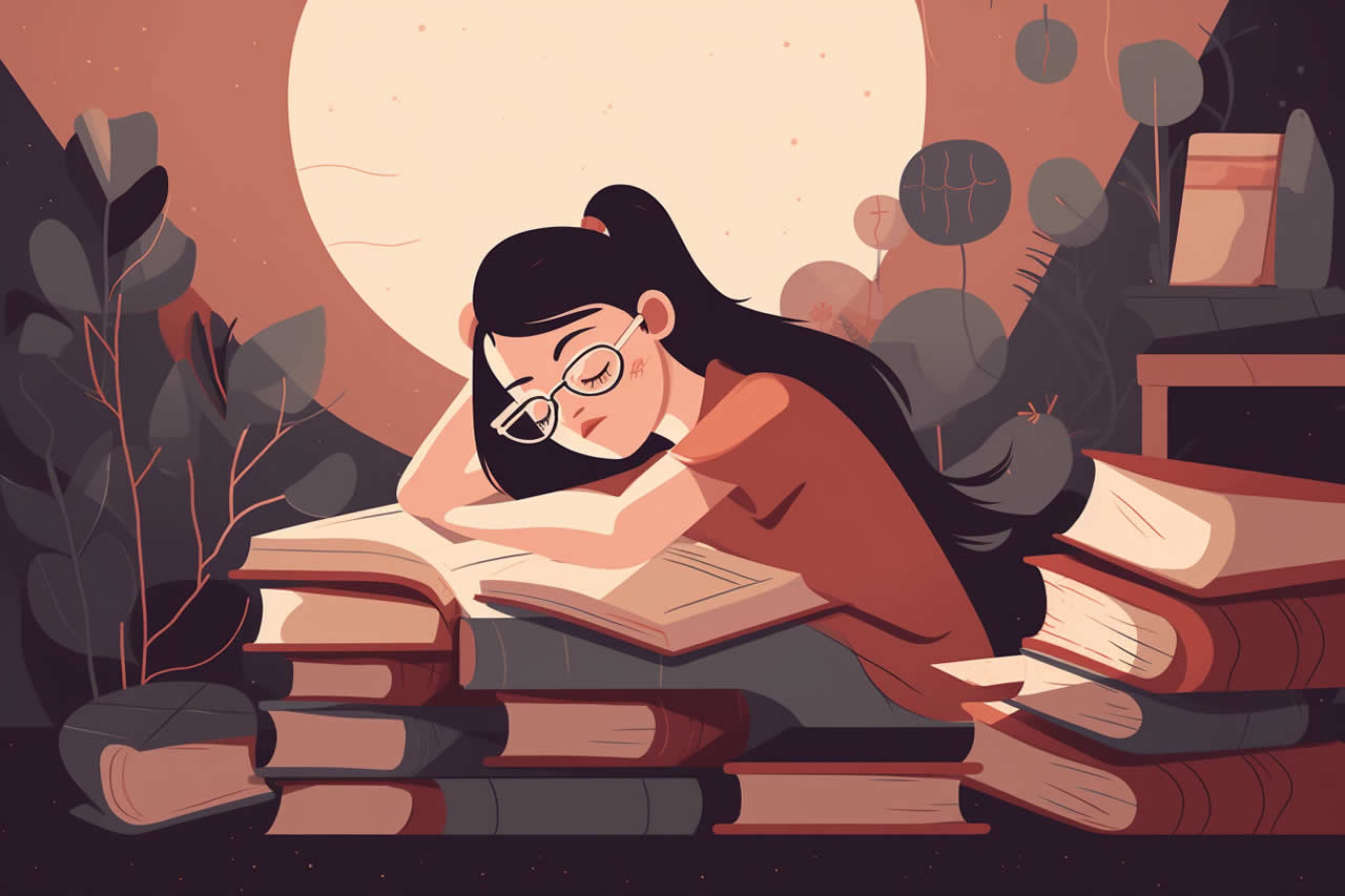 An illustration of a young woman drifting off to sleep with her books