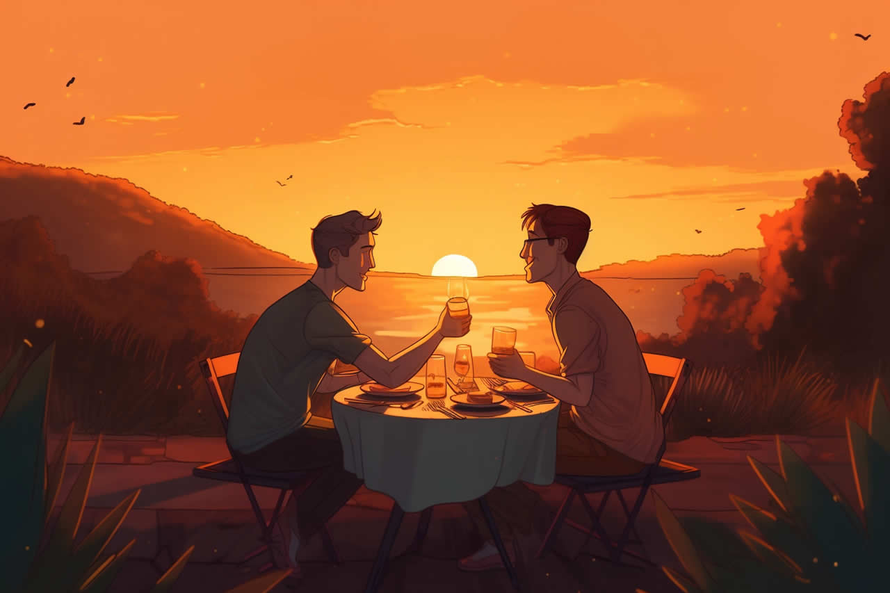 An illustration of a gay couple having dinner by the beach at sunset