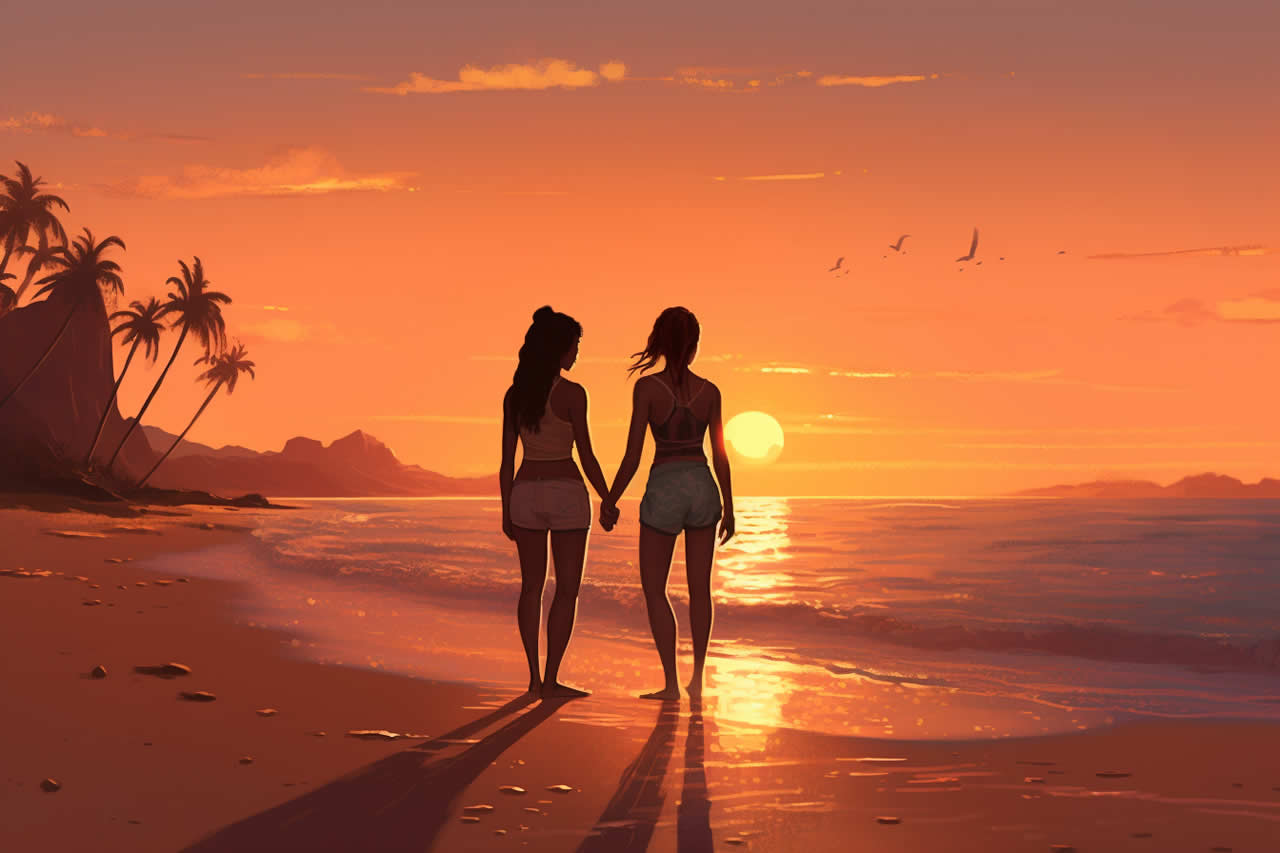 An illustration of a lesbian couple holding hands on a beautiful tropical beach at sunset