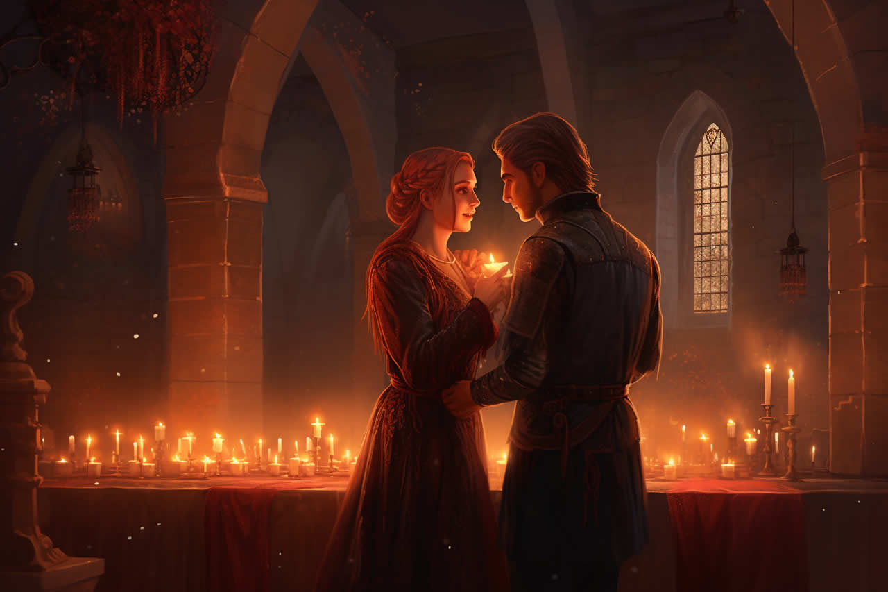 An illustration of a couple inside a medieval castle dining hall, romantically lit by candles