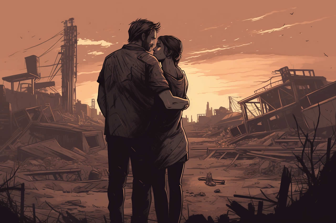 An illustration of a couple hugging in a post apocalyptic setting