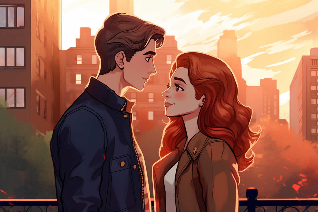 A romantic young couple in an urban setting at sunset