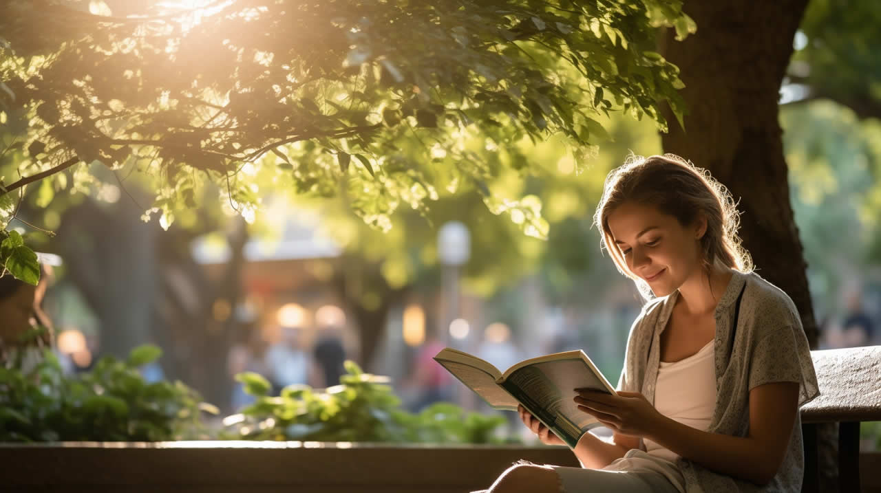 A young woman reading outside