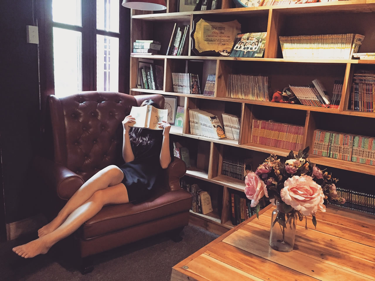 Woman Reading on Armchair in a Library