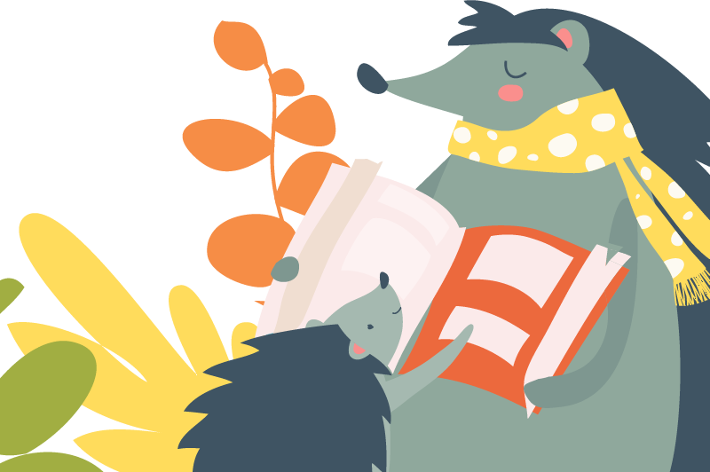 A parent hedgehog reading to a baby hedgehog